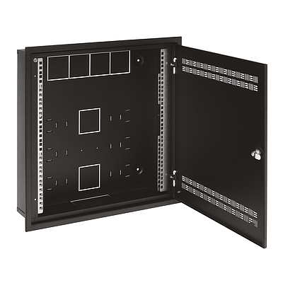 Produkt Szafka SOHO LC-18 pod tynk z szyną 2U, 4U i 11U, 550x550 czarna RAL9005 z ramką naścienną - Solarix - Naścienne 19"