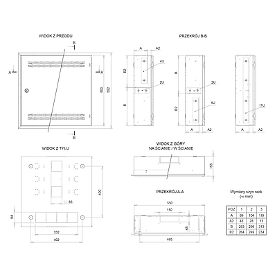 Produkt Szafka SOHO LC-18 na tynk z szyną 2U, 4U i 11U, 550x550 czarna RAL9005 - Solarix - Naścienne 19"