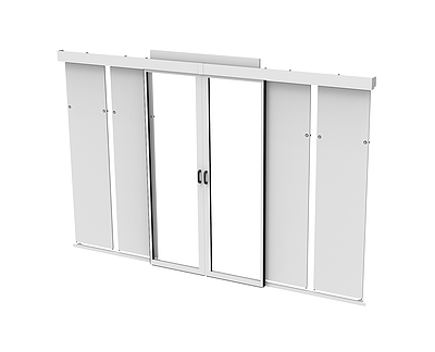 Produkt Drzwi przesuwne do korytarza ciepłego/zimnego z podwyższonym dachem do szaf 42U, głębokość 1200 mm, na nóżkach, RAL 7035 - Solarix - Centrum przetwarzania danych