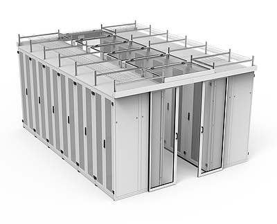 Produkt Drzwi przesuwne do korytarza ciepłego/zimnego z podwyższonym dachem do szaf 42U, głębokość 1200 mm, na nóżkach, RAL 7035 - Solarix - Centrum przetwarzania danych