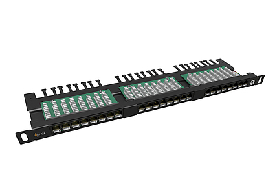 Produkt 19" patch panel Solarix 24xRJ45 CAT5E UTP z wsponikiem czarny 0,5U SX24HD-5E-UTP-BK - Solarix - Patch panele